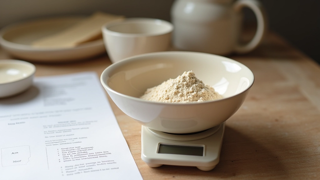 Ceramic mixing bowl with dry glaze ingredients and measuring scale, wooden workspace with recipe notes