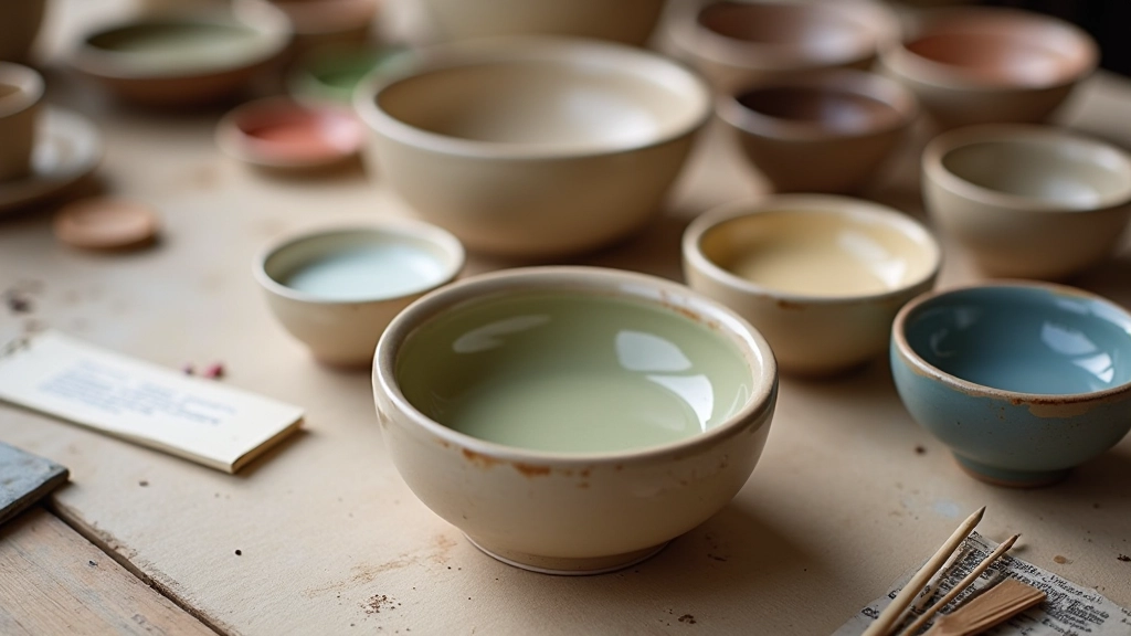 Collection of ceramic glaze samples displayed in pottery studio