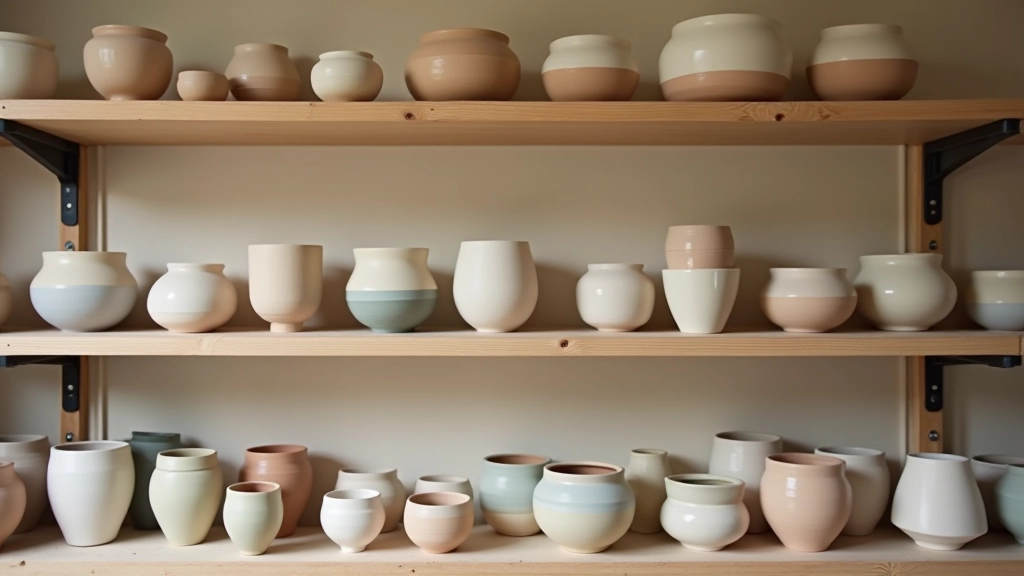 Shelves of finished pottery pieces in various stages of completion, showing glazed and unglazed ceramics in a studio kiln room