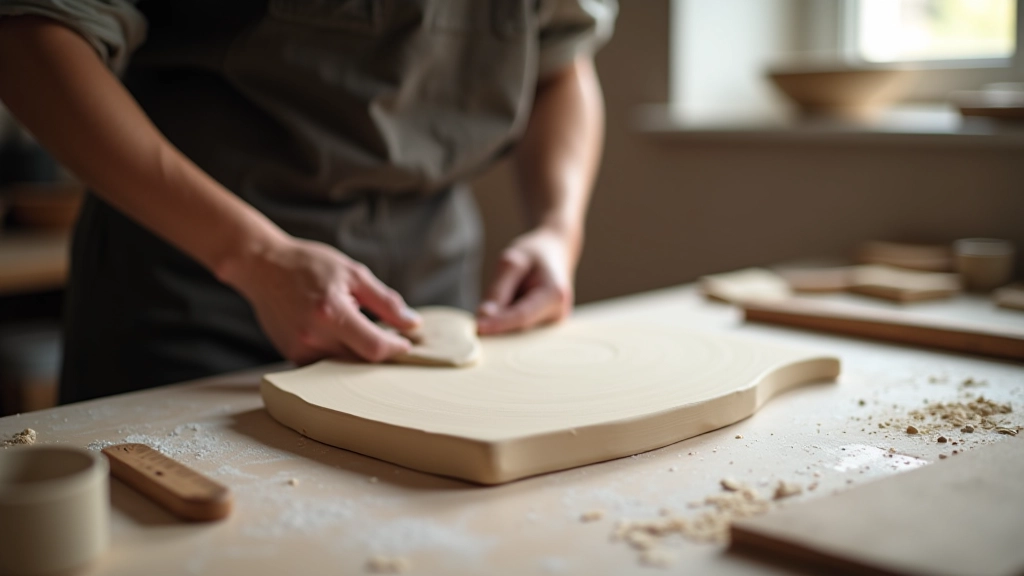 Flat clay slab being cut with tools, showing various slab thicknesses and cutting techniques