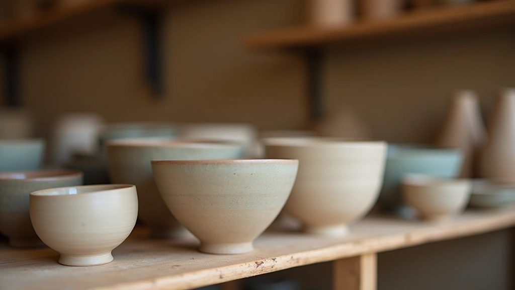 Ceramic bowls and vessels in various stages of completion on wooden shelf display