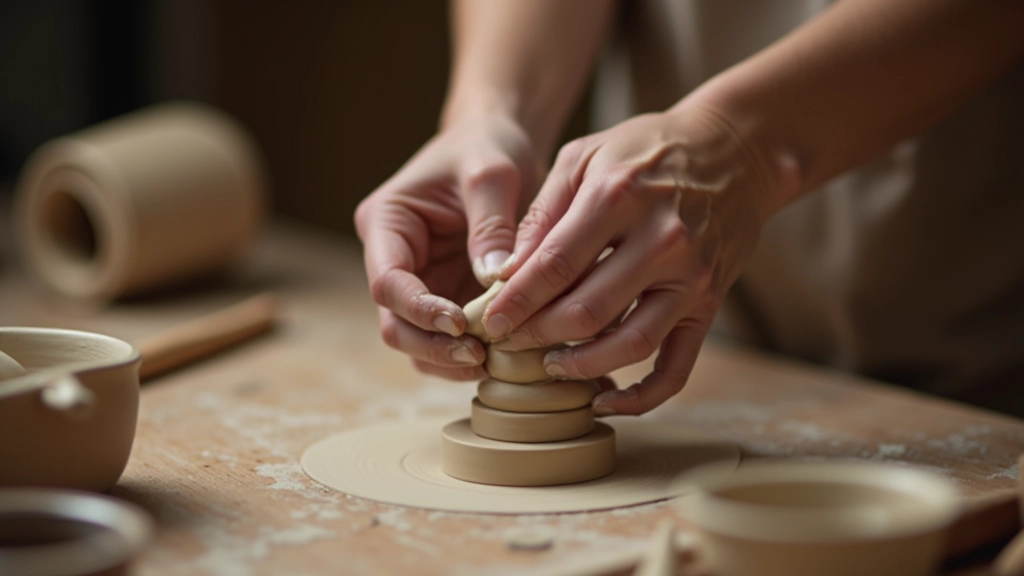 Close-up of potter's hands demonstrating coil-building technique on clay surface with tools nearby