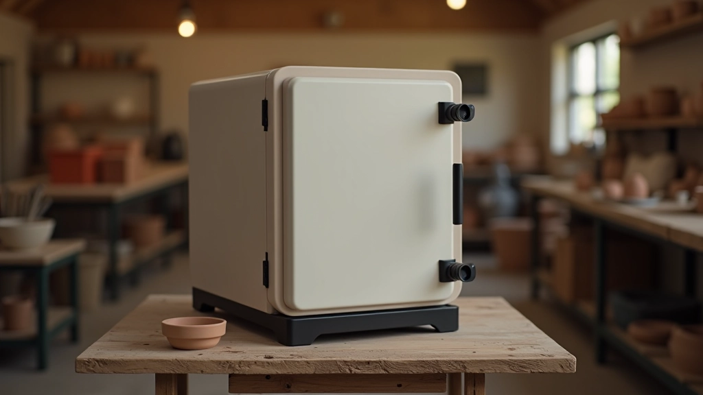 Compact home electric kiln installed in a residential workshop with safety equipment nearby
