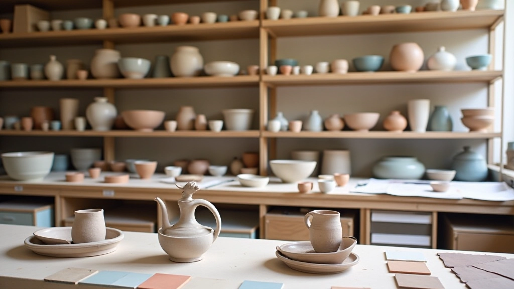 Pottery studio shelves displaying various finished ceramic pieces and glaze samples