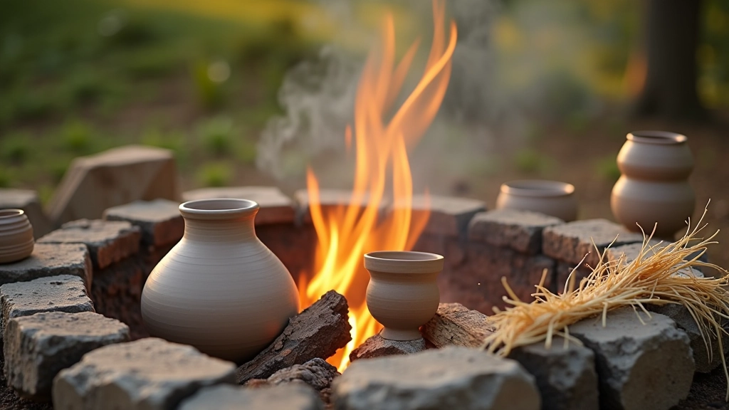 Outdoor pit firing setup showing pottery pieces in a fire pit with combustible materials