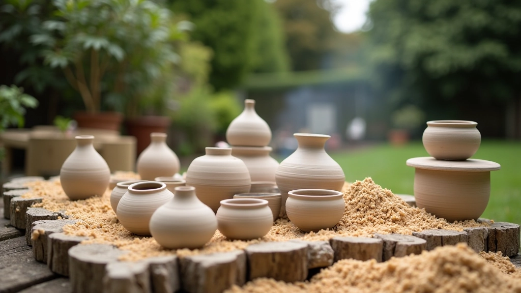 Outdoor pit firing setup with pottery pieces and wood