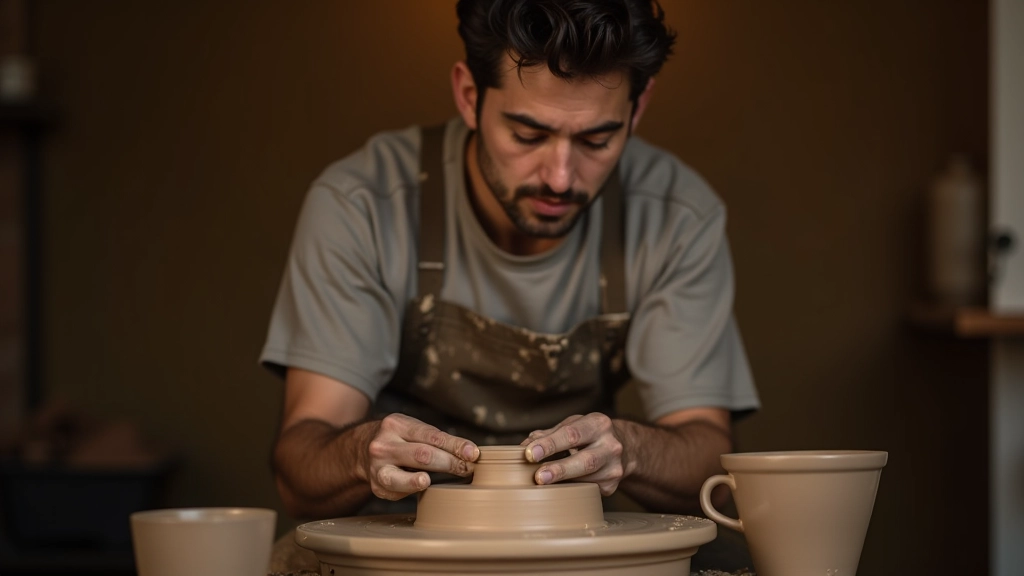 Potter's hands shaping clay on a spinning wheel in a bright studio with natural light
