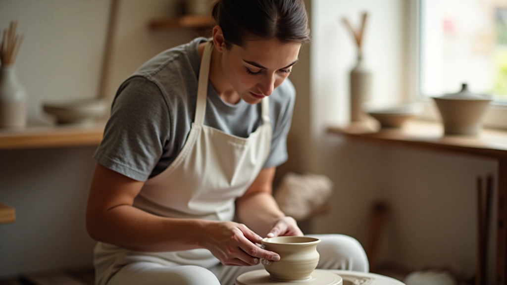 Potter working at wheel in bright studio, hands shaping clay with focused concentration