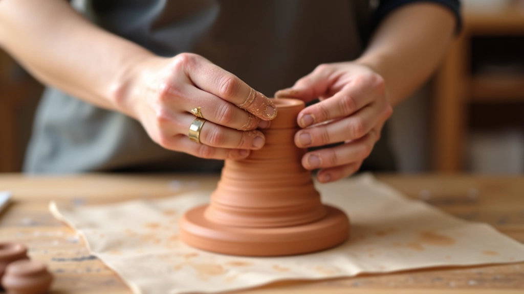 Hands shaping clay using coil building technique
