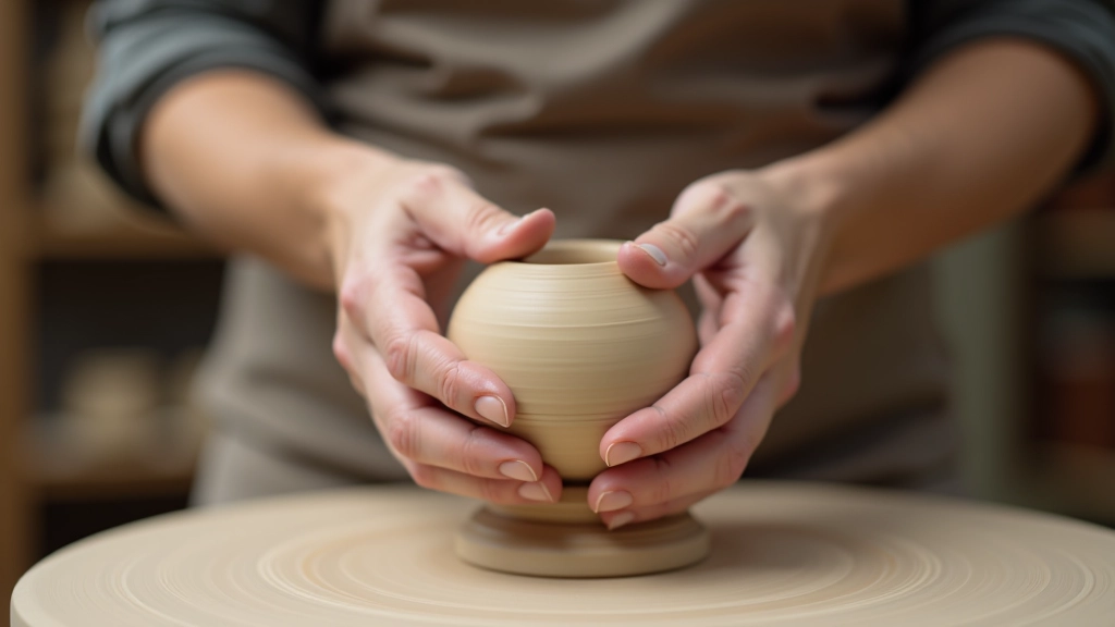 Hands demonstrating the pinching motion on a clay ball, showing thumb and finger position during pinch pot creation