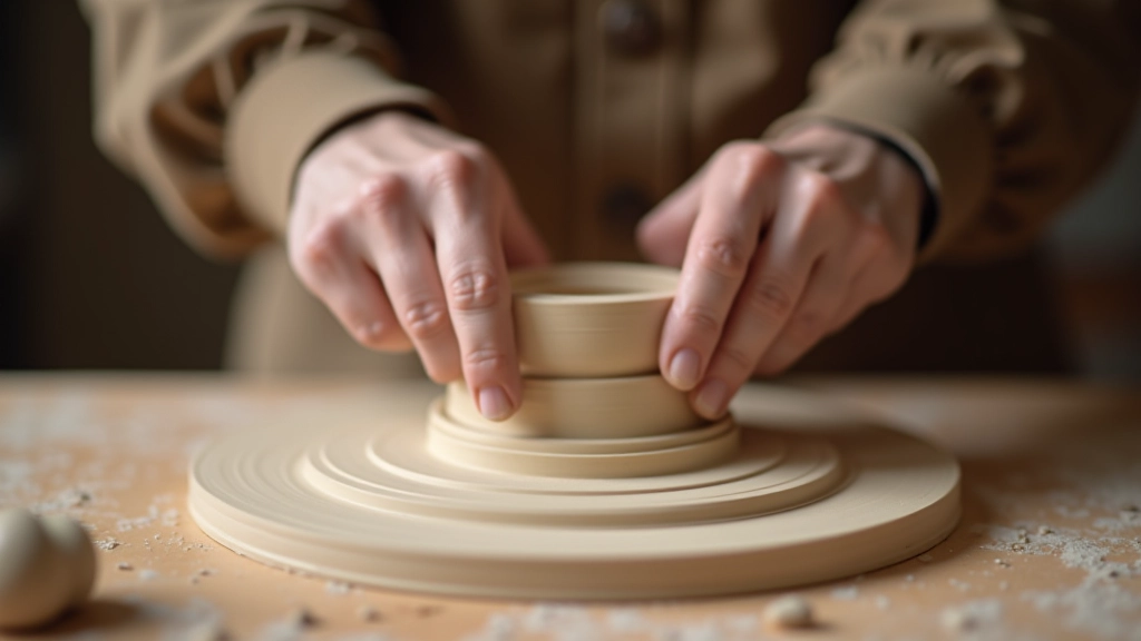 Potter's hands showing the rolling motion of creating coils from clay with consistent thickness