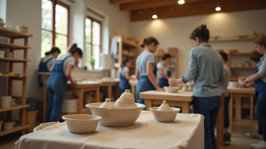 Pottery classroom with multiple students working on clay at tables