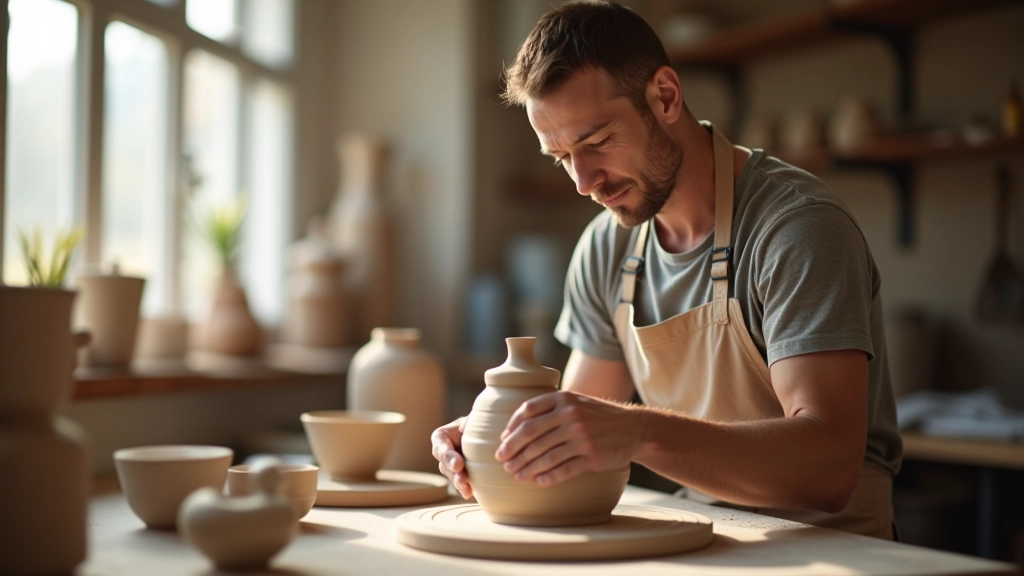 Three pottery instructors demonstrating hand-building techniques to students in a bright studio space with natural lighting