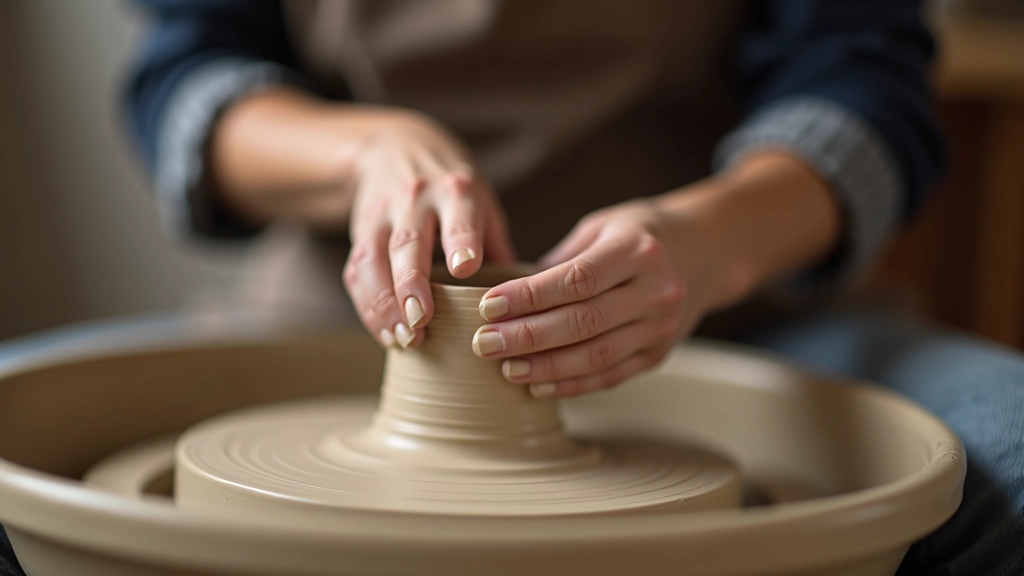 Close-up of student hands shaping clay on pottery wheel with instructor's hands guiding from behind, focused demonstration