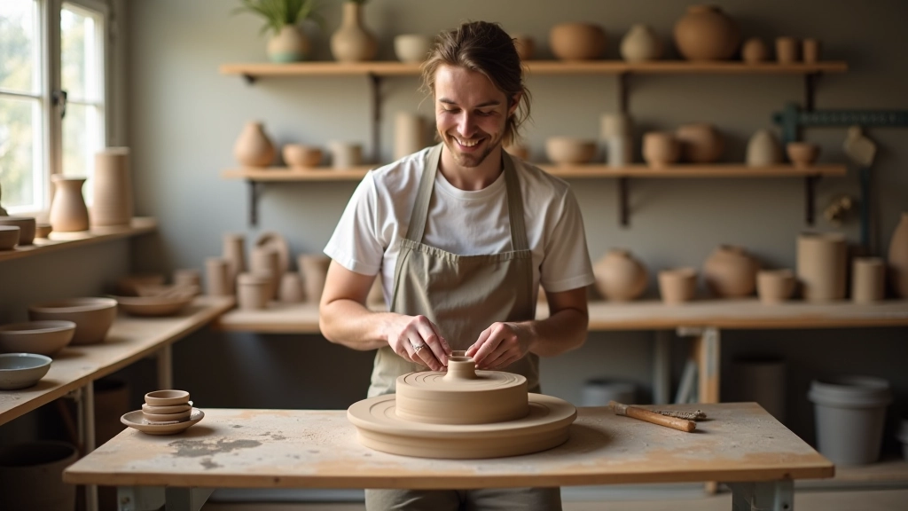Pottery studio with handmade ceramic pieces and workspace